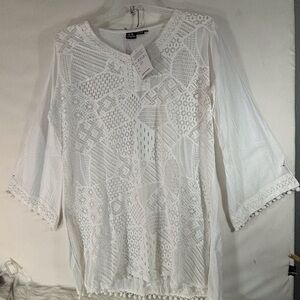 2X White Crocheted Lace Front Tunic Coverup Blouse NWT